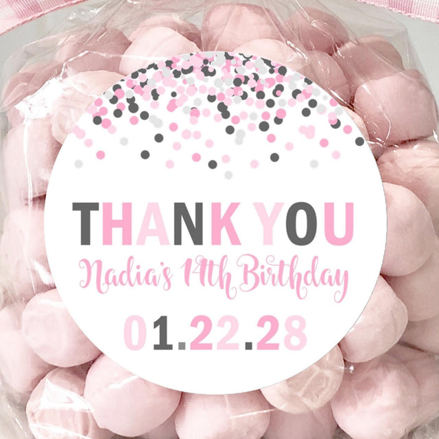 Pink and grey confetti birthday sticker with thank you