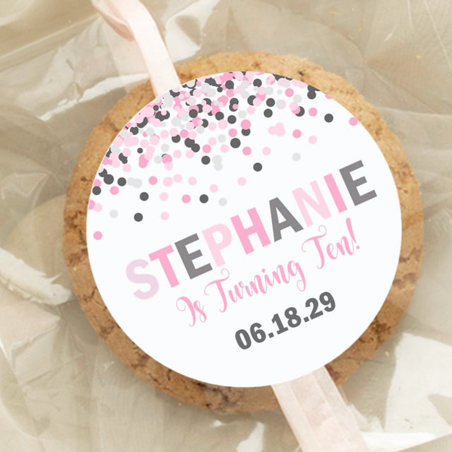 Pink and grey confetti birthday thank you sticker