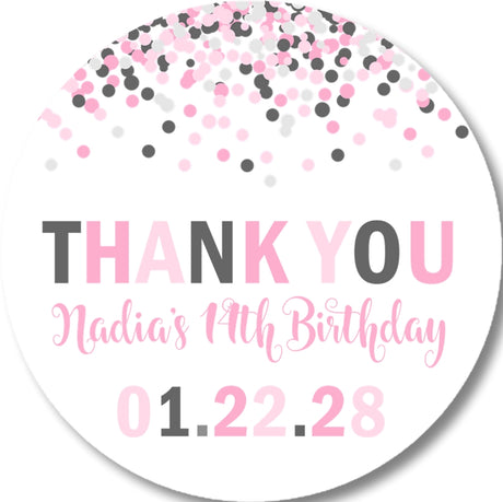 Pink and grey confetti party favor sticker with modern birthday design