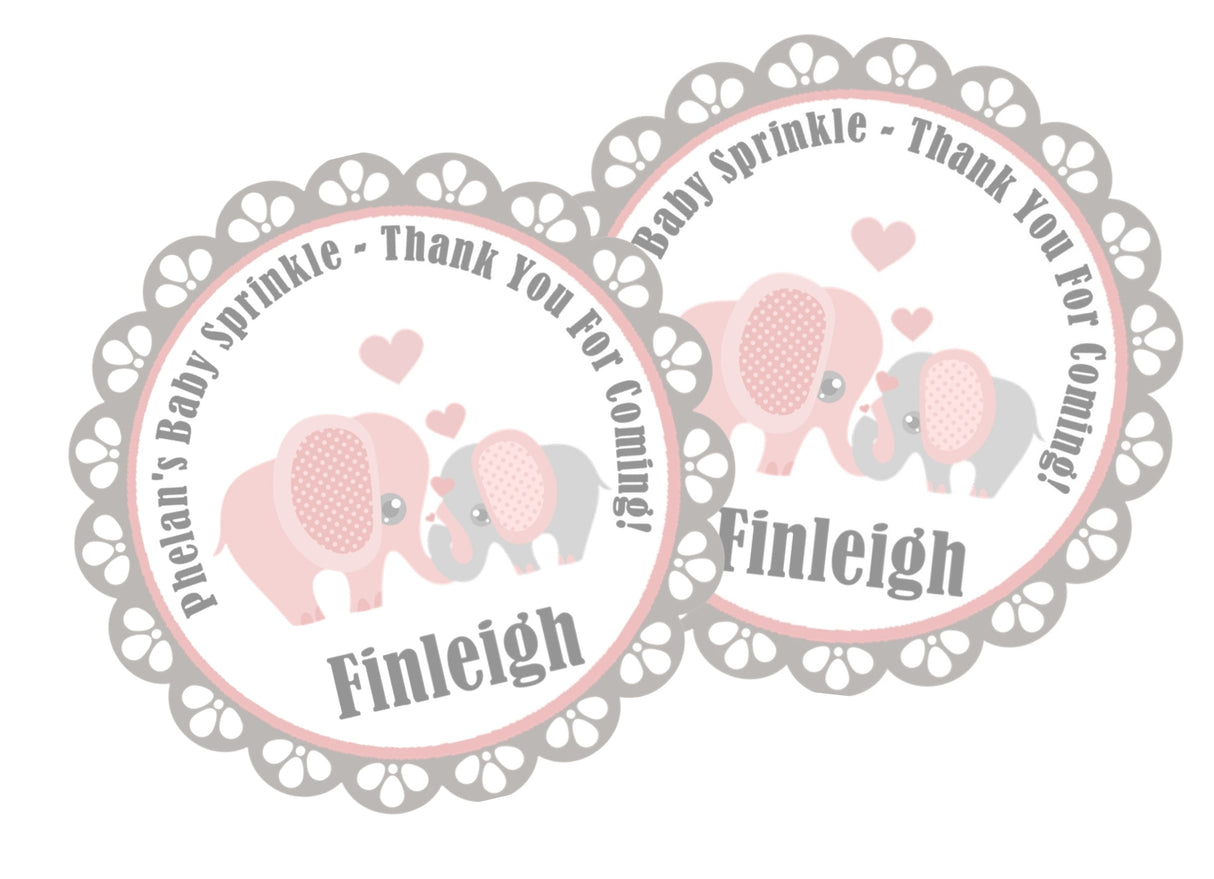 Grey and pink elephant baby shower stickers – mommy and baby design