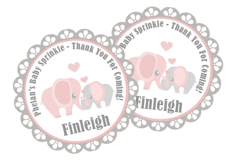Grey and pink elephant baby shower stickers – mommy and baby design