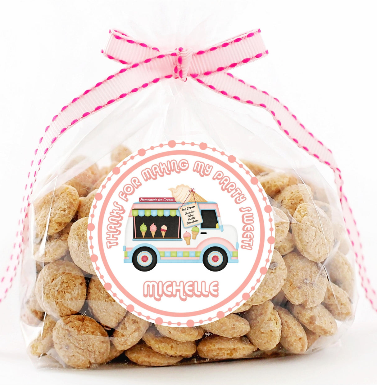 Pink and mint ice cream truck party favor label.