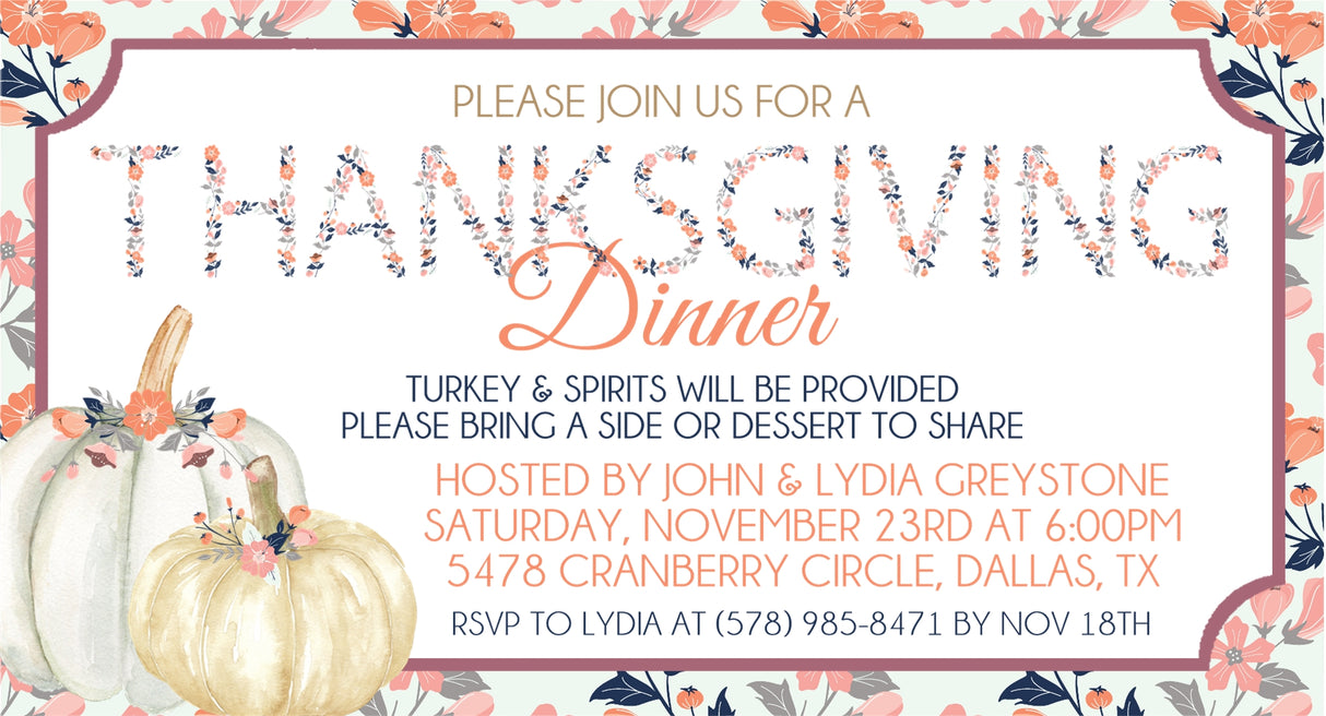Pink and orange floral Thanksgiving dinner invitation with pumpkin illustration
