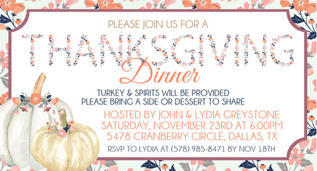 Pink and orange floral Thanksgiving dinner invitation with pumpkin illustration