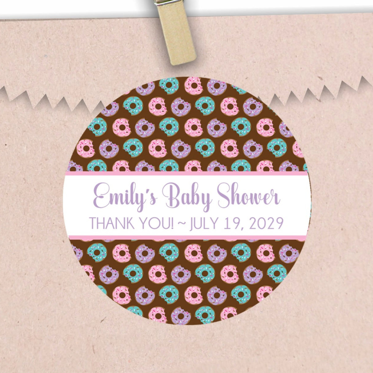 Pink and purple donut baby shower sticker for girls