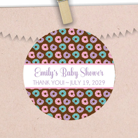 Pink and purple donut baby shower sticker for girls