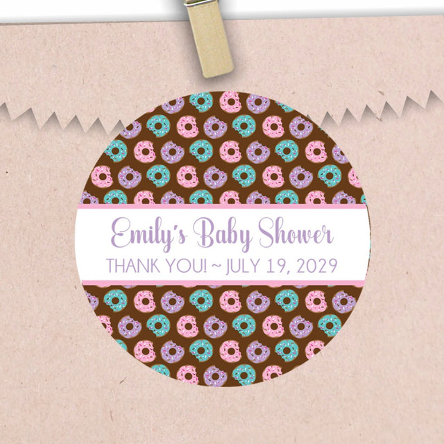 Pink and purple donut baby shower sticker for girls