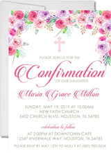 Pink and purple floral Confirmation invitation with watercolor flowers and cross