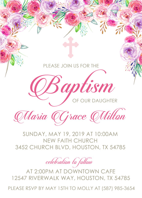 Pink and purple floral baptism invitation with watercolor flowers and elegant script