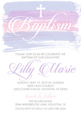 Pink and purple watercolor baptism invitation for girls with cross