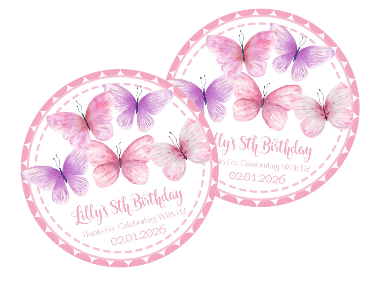 Pink and purple watercolor butterfly birthday sticker with pink border