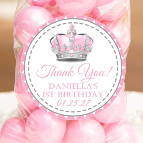 Pink and silver princess crown birthday sticker