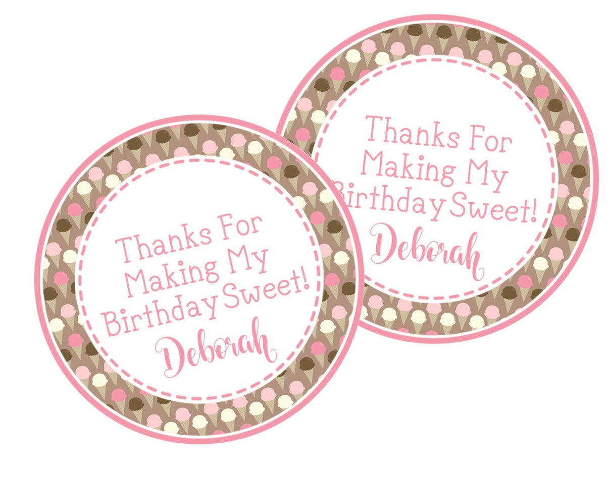 Pink and tan polka dot ice cream birthday sticker with personalized name