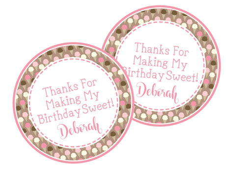 Pink and tan polka dot ice cream birthday sticker with personalized name