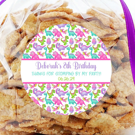 Pink and teal girl dinosaur birthday sticker design