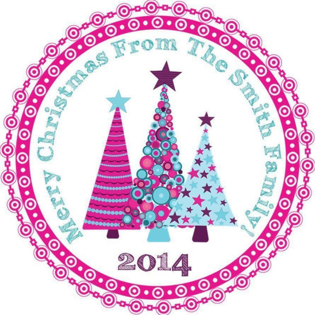 Pink and turquoise Christmas tree stickers with festive ornaments for holiday party favors