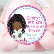 Pink and turquoise spa birthday sticker with brown-skinned character and spa accessories