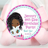 Pink and turquoise spa birthday sticker with brown-skinned character and spa accessories