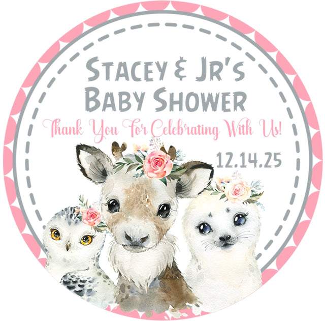 Pink arctic animals baby shower sticker with deer owl and seal design