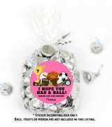 Pink athletic theme birthday sticker for party bags and favors