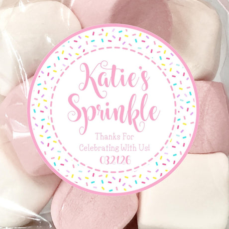 Pink baby sprinkle favor stickers with sprinkles design