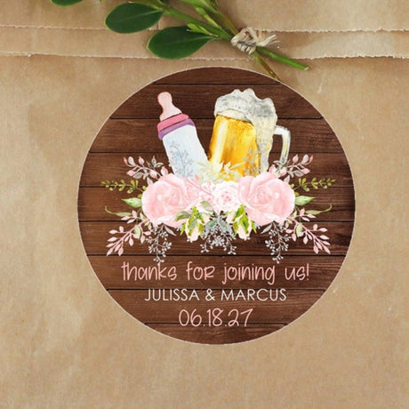 Pink beer and bottle baby shower stickers with rustic wood background