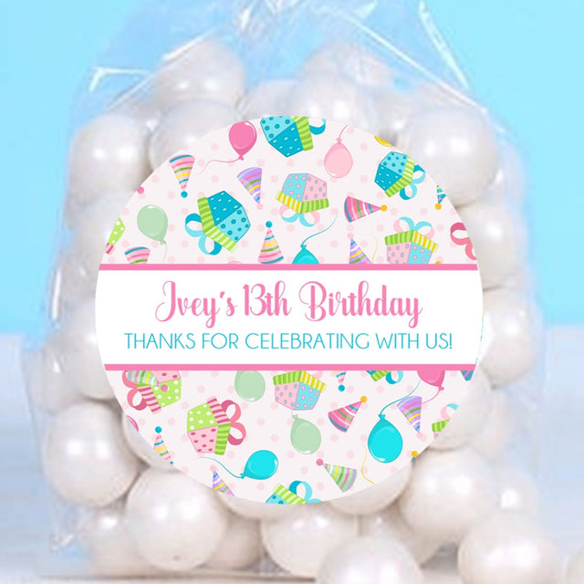 Pink birthday present stickers with colorful gift boxes and balloons