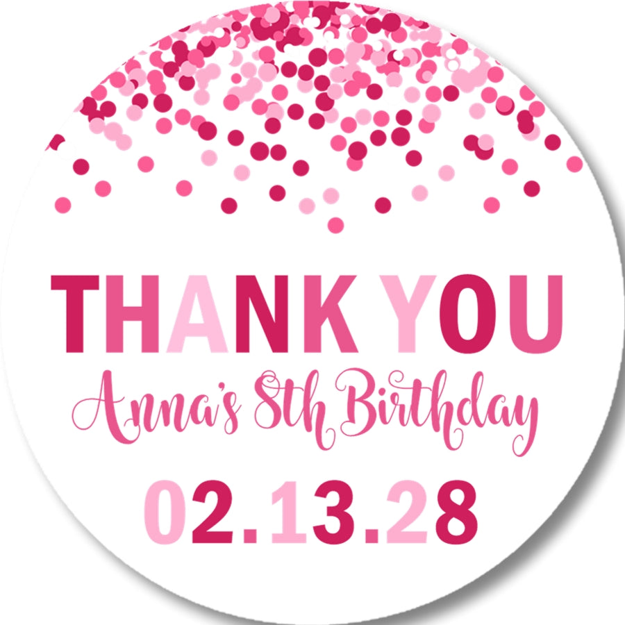 Pink birthday sticker with confetti design and modern layout