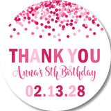 Pink birthday sticker with confetti design and modern layout