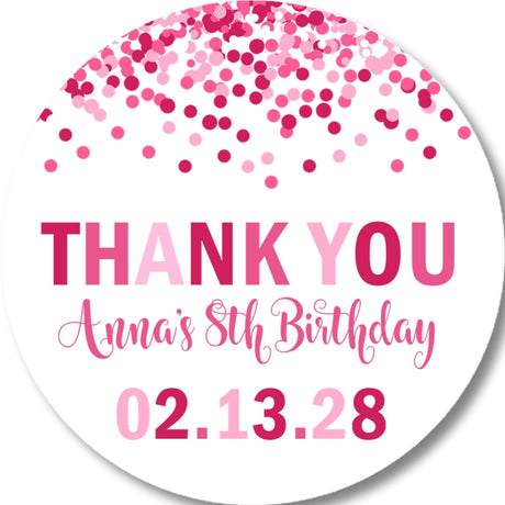 Pink birthday sticker with confetti design and modern layout