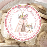 Pink boho teepee birthday sticker with personalized name