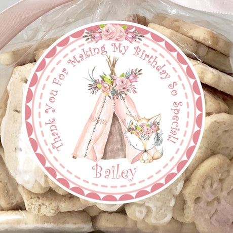 Pink boho teepee birthday sticker with personalized name