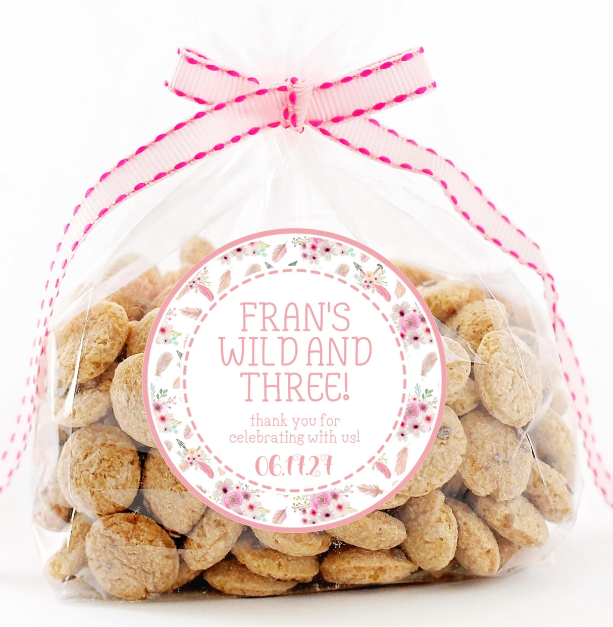 Pink boho third birthday party favor label