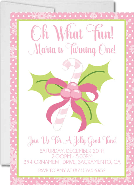 Pink candy cane 1st birthday invitations festive holiday design