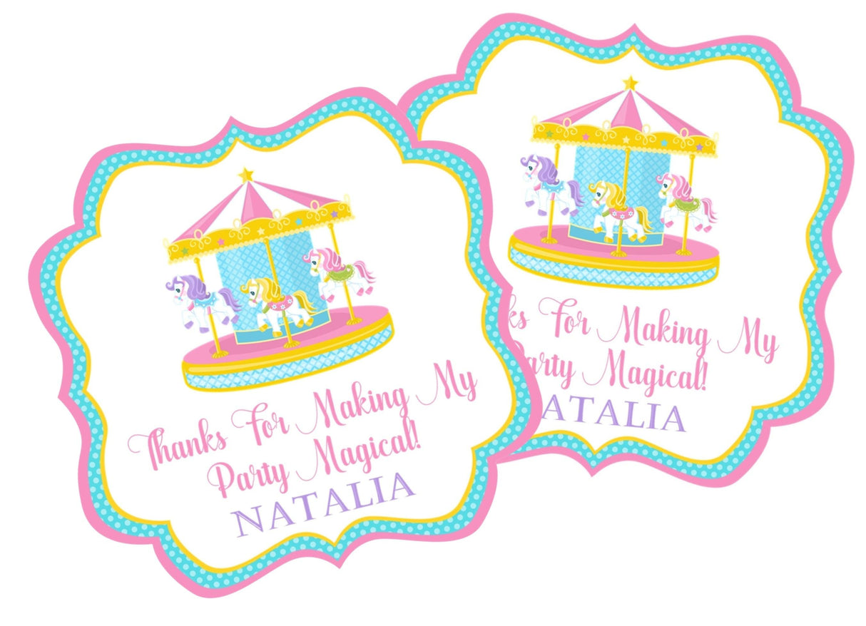 Pink carousel birthday sticker with pastel horses and personalized name