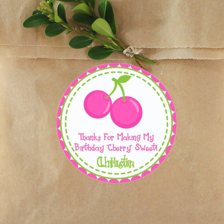 Pink cherry birthday sticker with personalized name