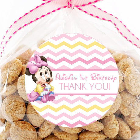 Pink chevron Minnie Mouse birthday favor sticker