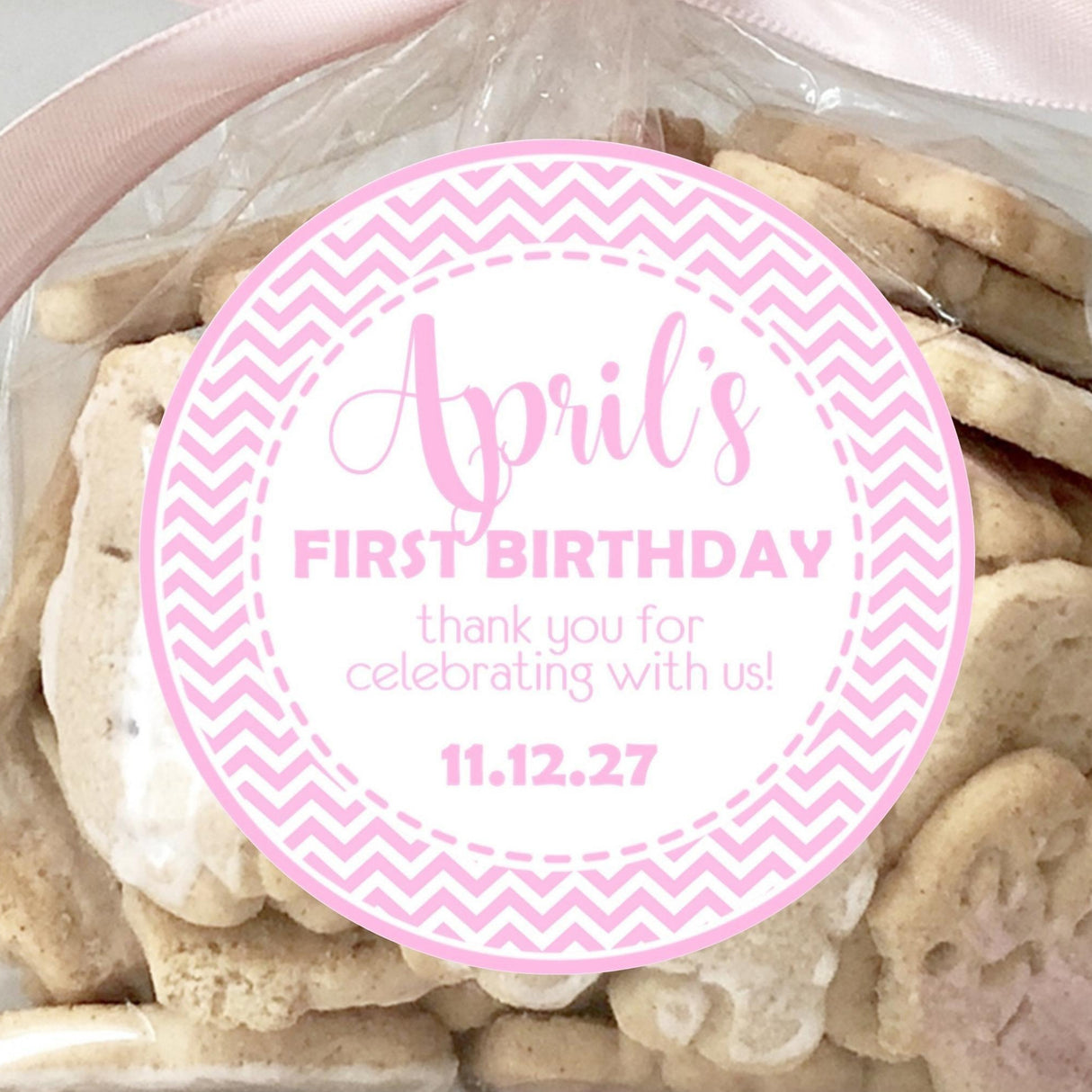 Pink chevron birthday sticker with custom name