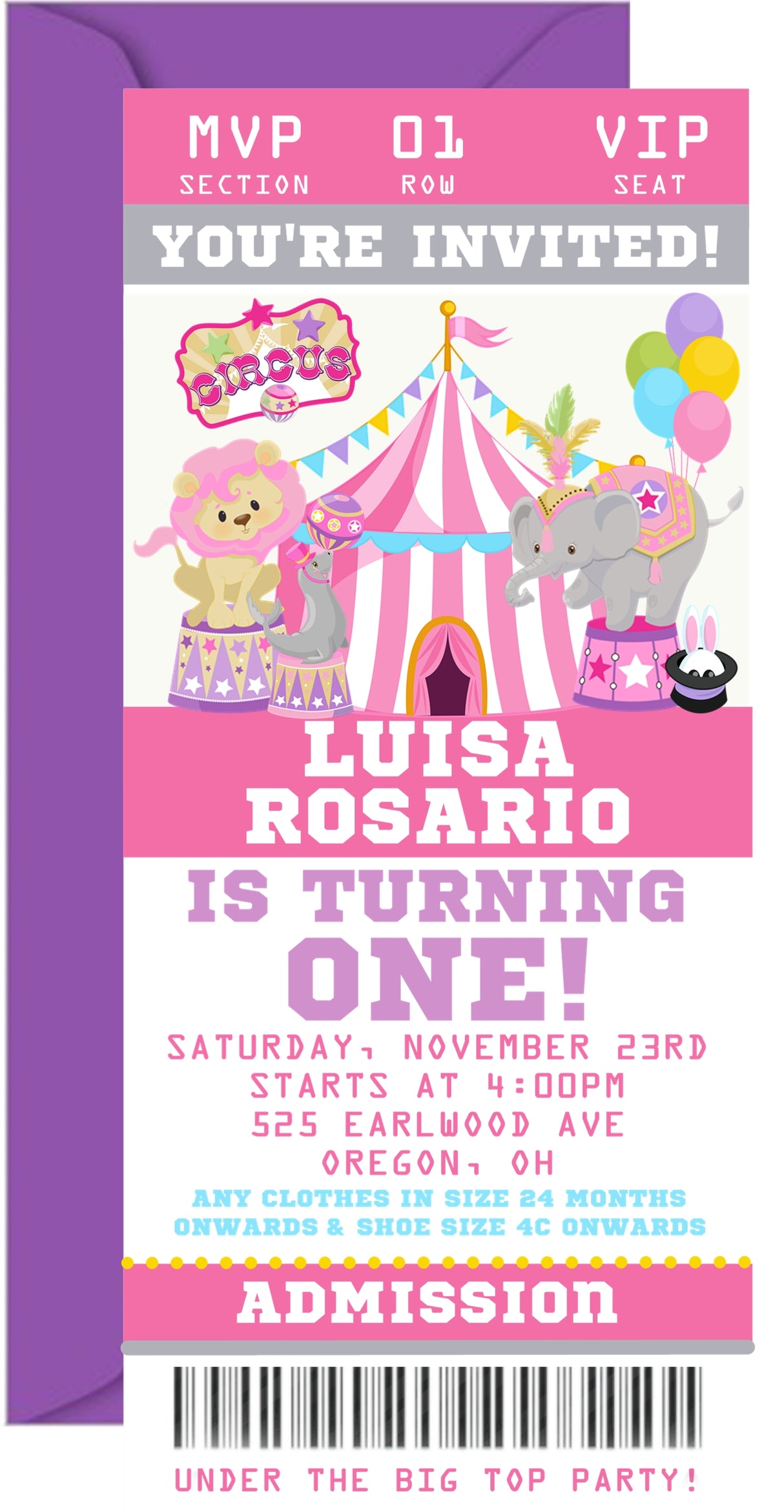 Pink circus birthday ticket invitation with carnival themed graphics