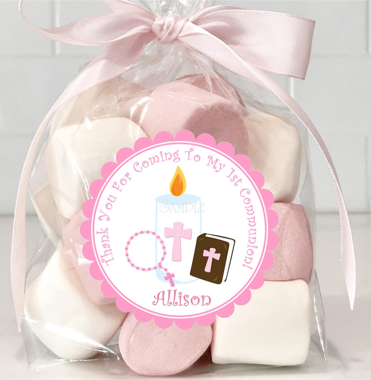 Pink communion thank-you sticker with bible illustration