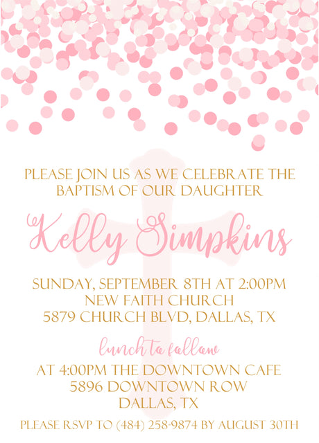 Pink confetti baptism invitation with soft gold typography