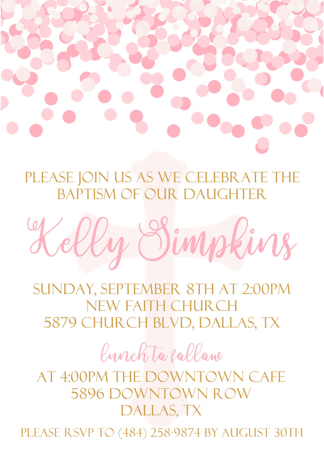 Pink confetti baptism invitation with soft gold typography