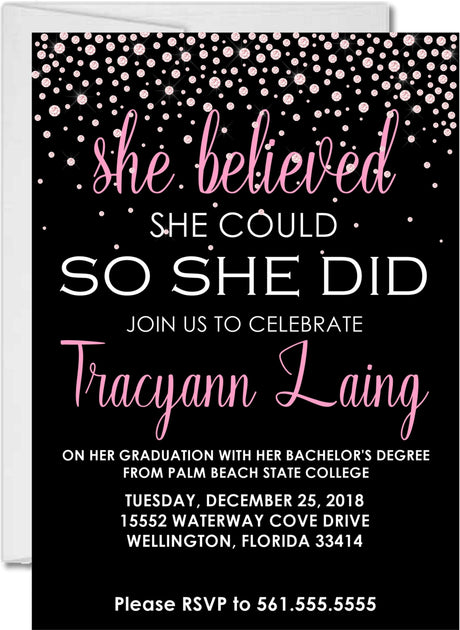 Pink confetti graduation party invitation with she believed quote on black background