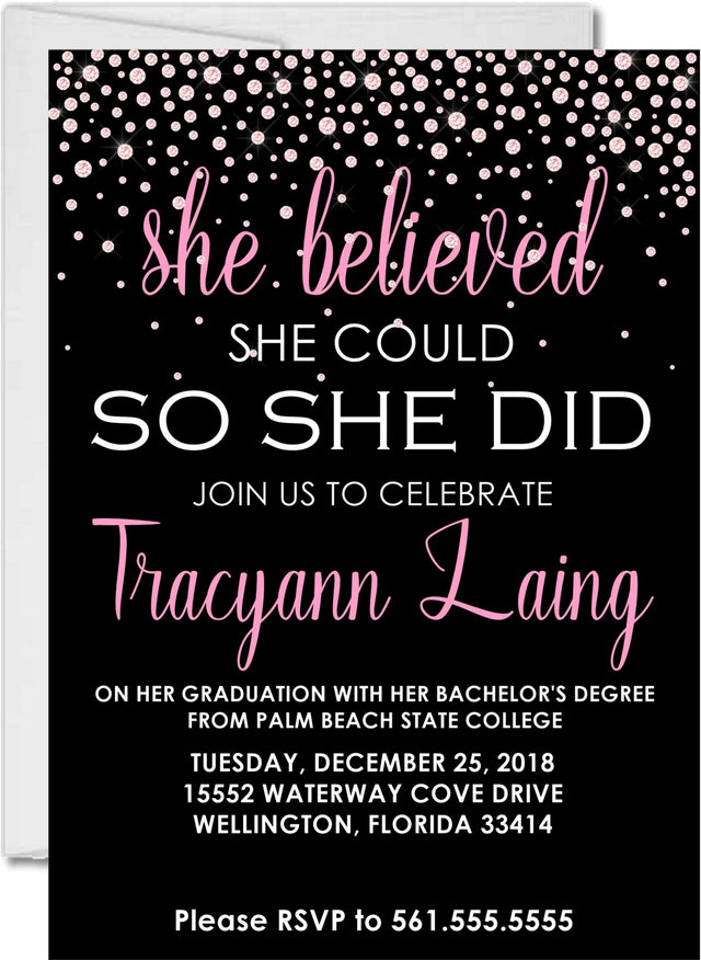 Pink confetti graduation party invitation with she believed quote on black background