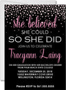 Pink confetti graduation party invitation with she believed quote on black background