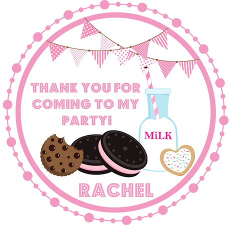 Pink cookie birthday stickers with milk and cookies party theme design