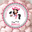 Pink cowgirl birthday sticker with black hair and white horse