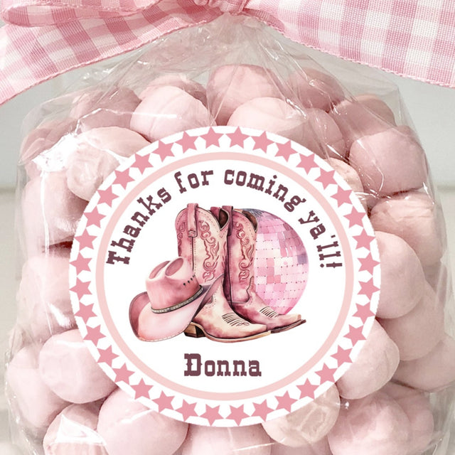 Pink cowgirl boots birthday sticker with hat and disco ball