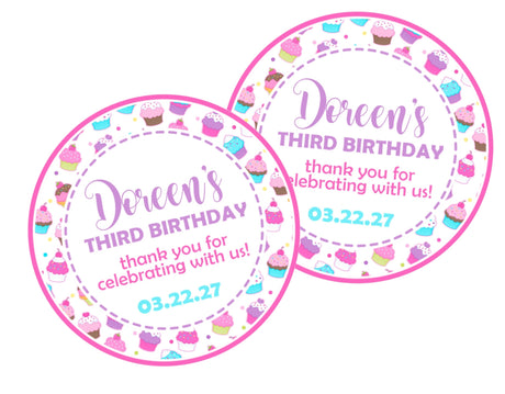 Pink cupcake birthday sticker with pastel cupcake pattern