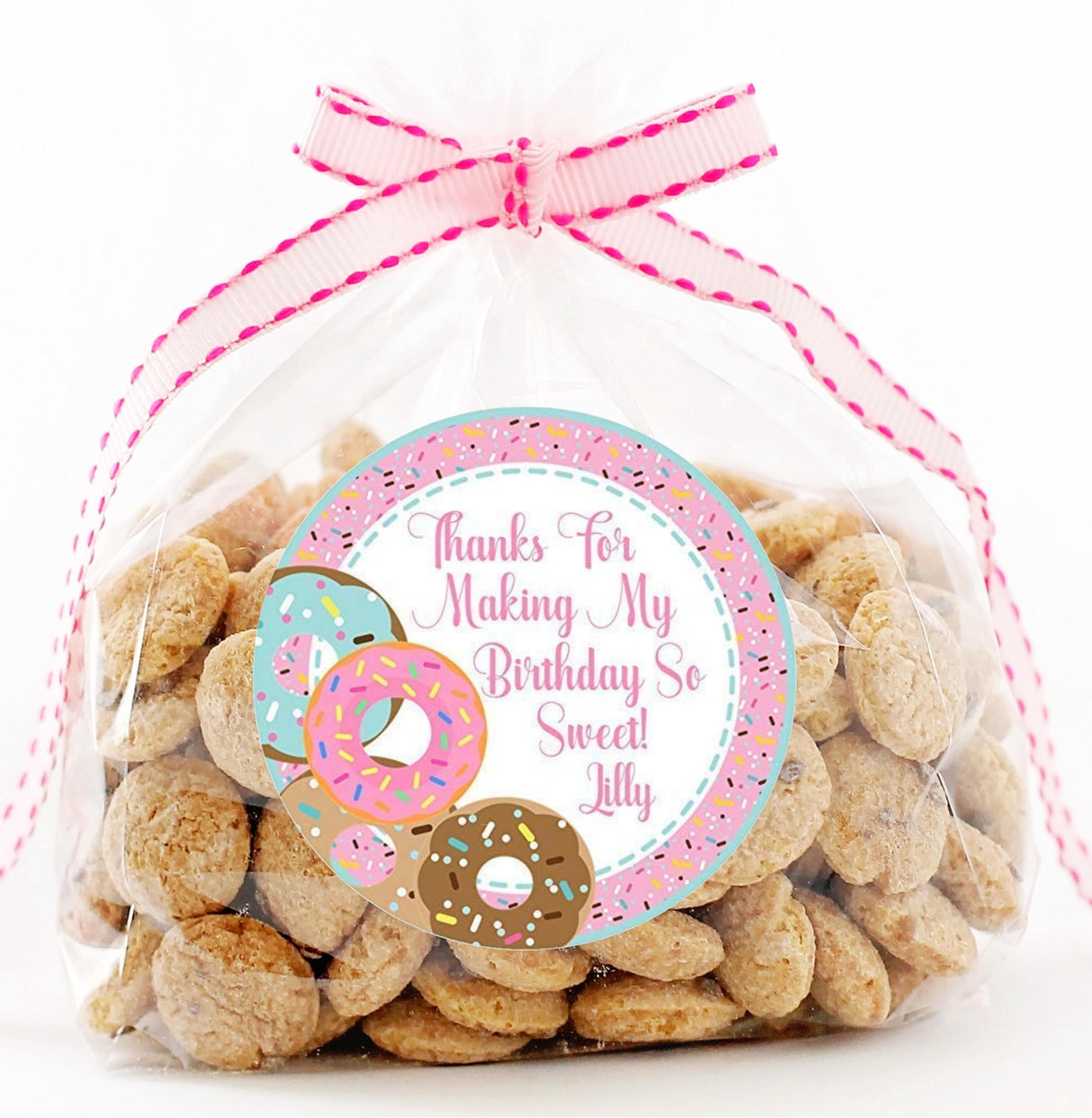 Pink donut treat bag sticker for kids birthday party